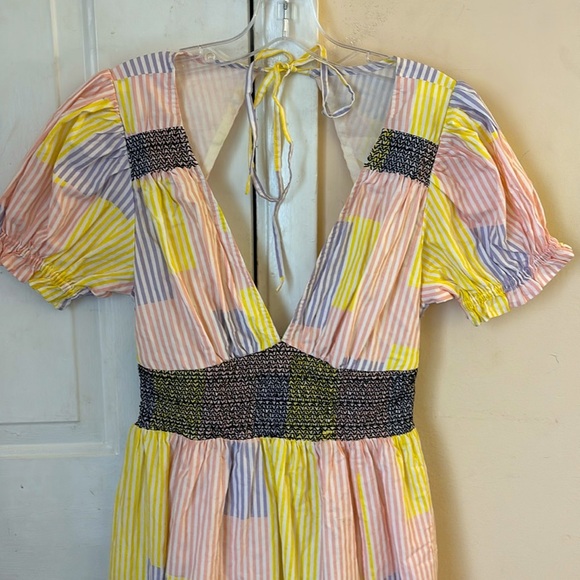 Urban Outfitters Liliana Side Slit Midi Dress Puff Sleeve patchwork striped Sz M - Picture 7 of 16